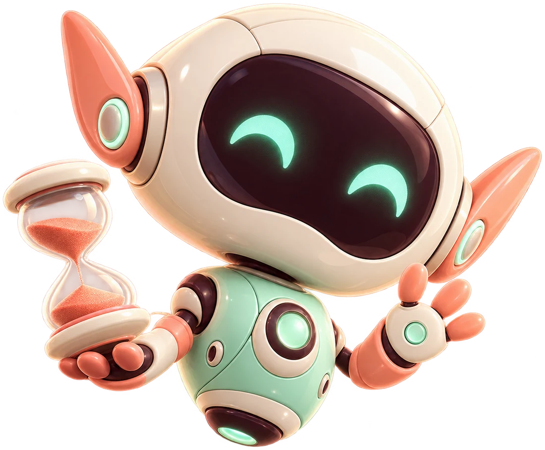 Un piccolo robot sorridente tiene una clessidra.